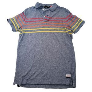 SUPERDRY Polo Shirt Men's Size XL Super Sunrise Bay Striped Gray Red Yellow